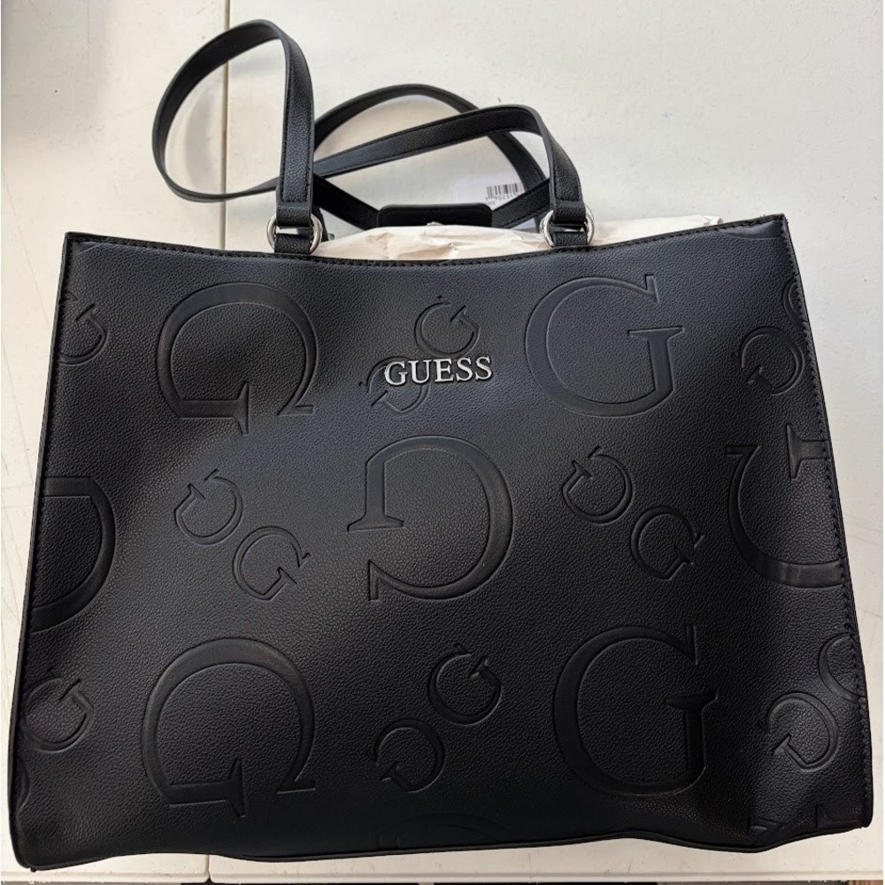 Guess Women's Black Faux Leather Signature Logo Double Handles Tote Bag NEW Wtag